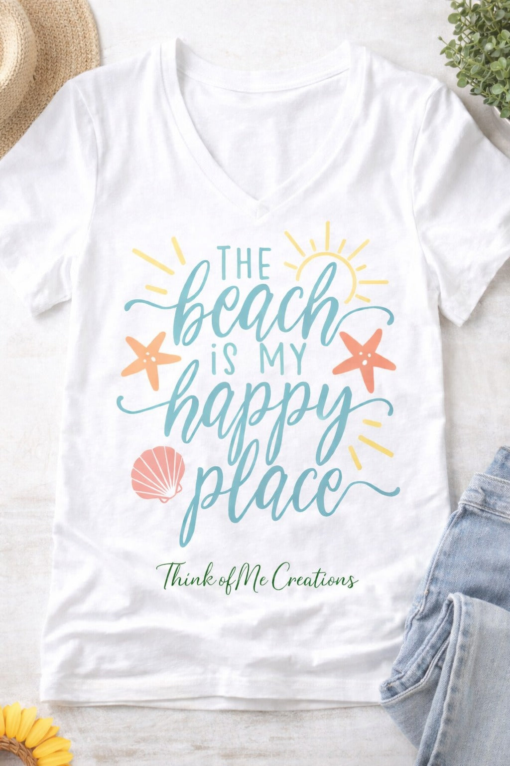 Women V-neck The beach is my happy place T-shirt