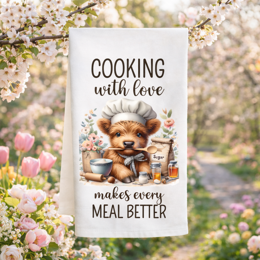 Highland Cow  Cooking with Love Tea Towel