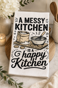 A messy kitchen tea towel
