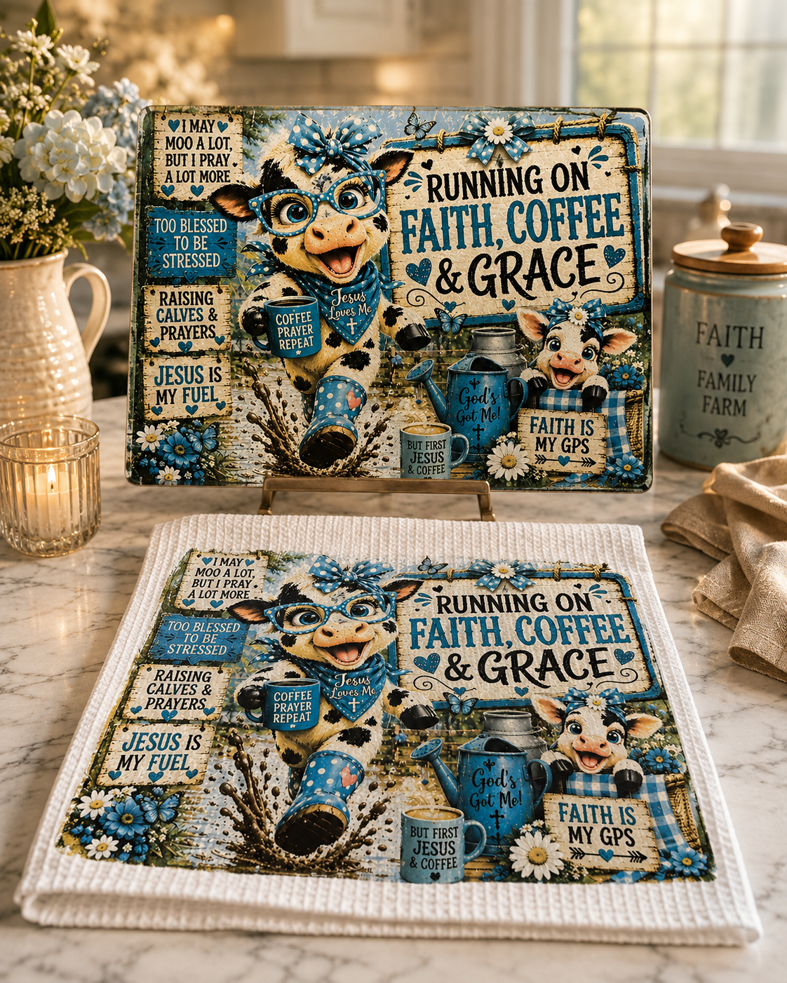 cutting board / Tea Towel Bundle Faith Coffee