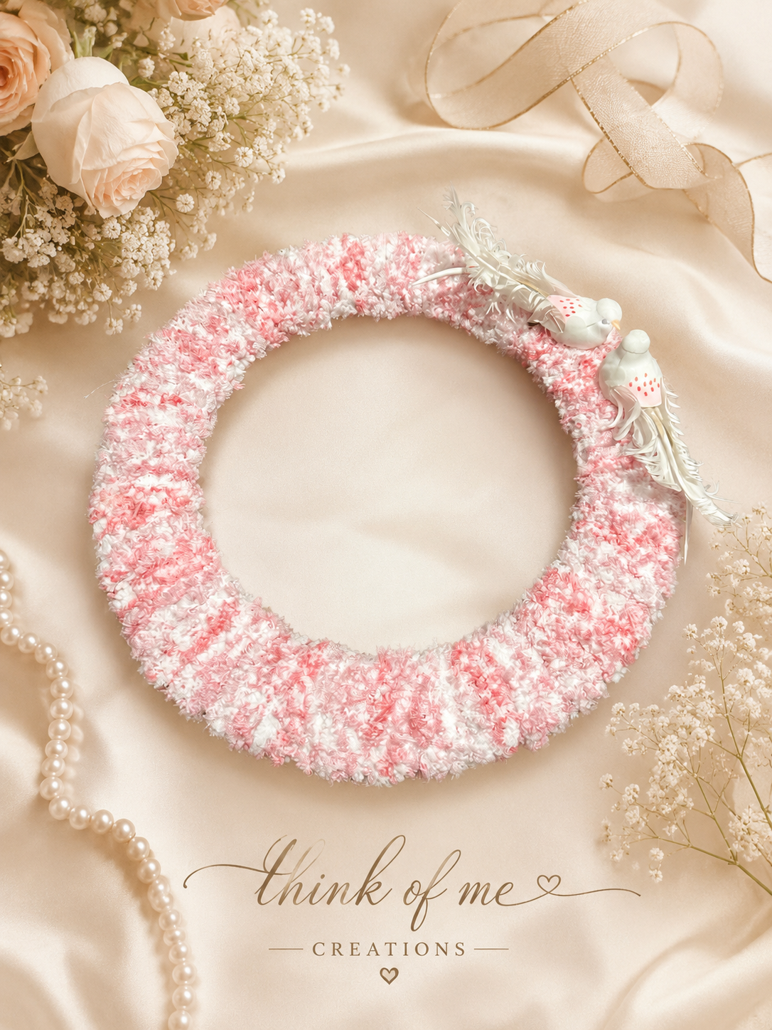 14-Inch Pink & White Yarn Wreath with Kissing Birds