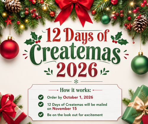 Promotional graphic for '12 Days of Createmas 2026' with Christmas decorations and text.